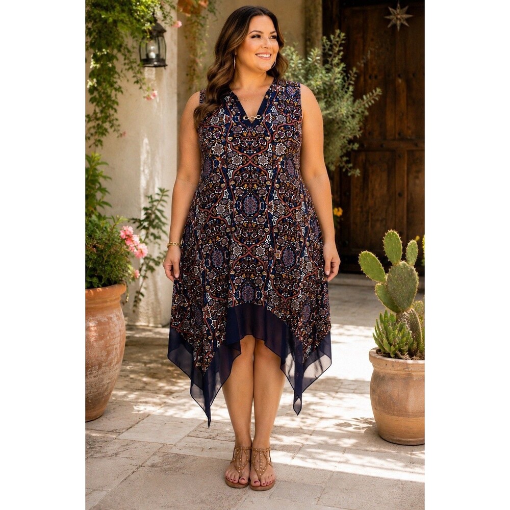 Espresso 2X Plus Size Navy Paisley Sleeveless Handkerchief Hem Tunic Midi Dress